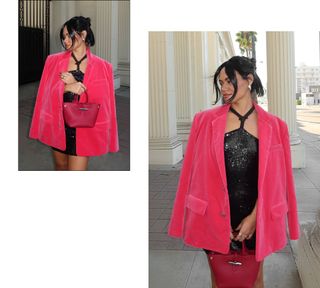 Michelle Infusino wearing sequins dress and pink velvet blazer