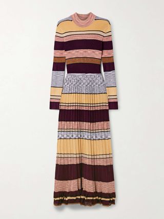 Ulla Johnson, Evangeline Striped Pleated Metallic Knit Turtleneck Maxi Dress