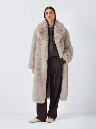 John Lewis Faux Fur Cocoon Long Coat, Neutral