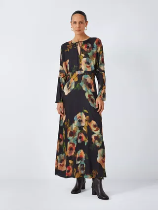 John Lewis Rose Print Batwing Maxi Dress, Black/multi