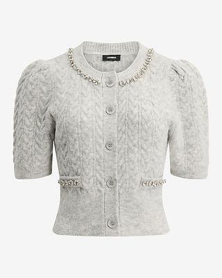 Express, Embellished Cable Knit Short Sleeve Cardigan