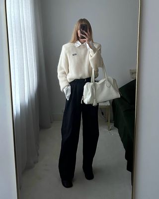 @_jeanettemadsen_ wearing pinstripe trousers, jumper and shirt