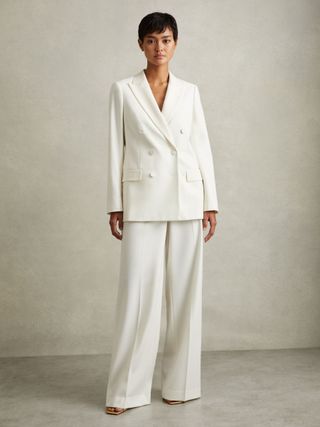 Petite Wool Blend Double Breasted Tux Blazer in White