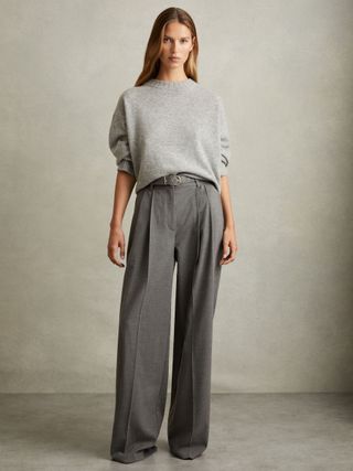 Belted Wide Leg Trousers in Grey