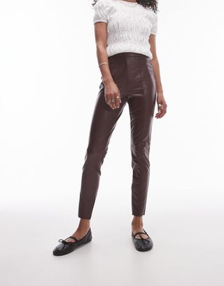 Topshop Skinny Faux Leather Trouser in Burgundy