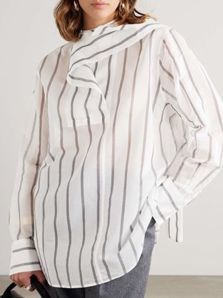 Scarf-Detailed Striped Cotton and Silk-Blend Organza Blouse