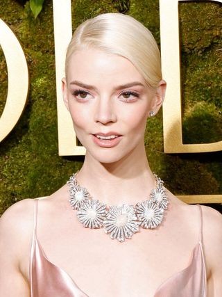 Anya Taylor-Joy Golden Globes side fringe hairstyle