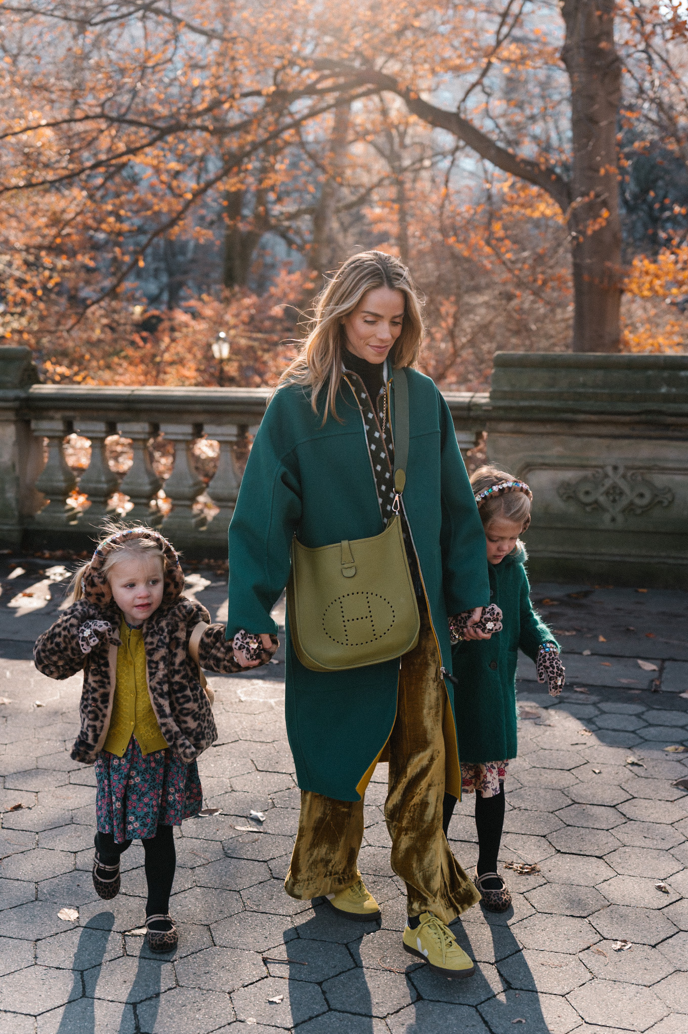 long green wool coat gold velvet pants