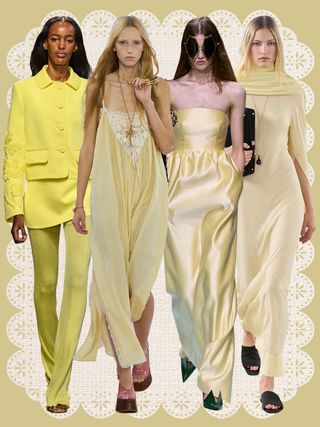 Runway collage of models wearing the butter yellow 2025 color trend.