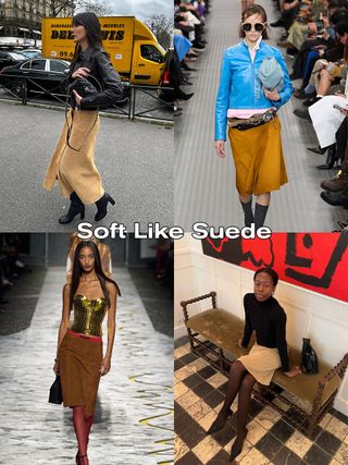 A collage of four suede-skirt images with the words 