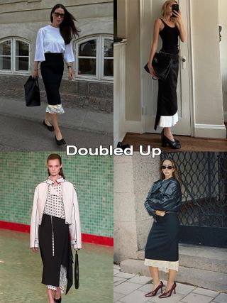 A collage of four double-layer skirt images with the words 