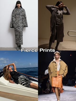 A collage of four animal-print skirt images with the words 