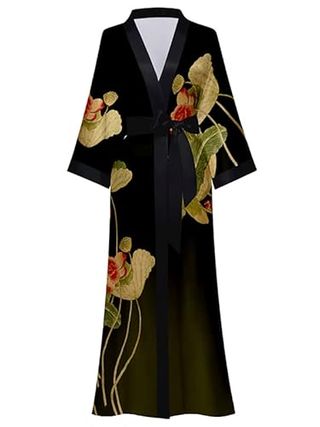 Eorube Long Kimono Robe Women Cover Up Print Floral Satin Sleepwear Silky Bathrobe Bachelorette Robe (gradient Black - Lotus)