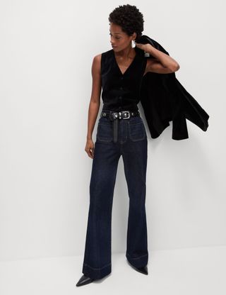 Patch Pocket Flare High Waisted Jeans