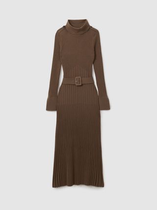 Reiss, Ribbed Funnel Neck Belted Midi Dress in Mocha