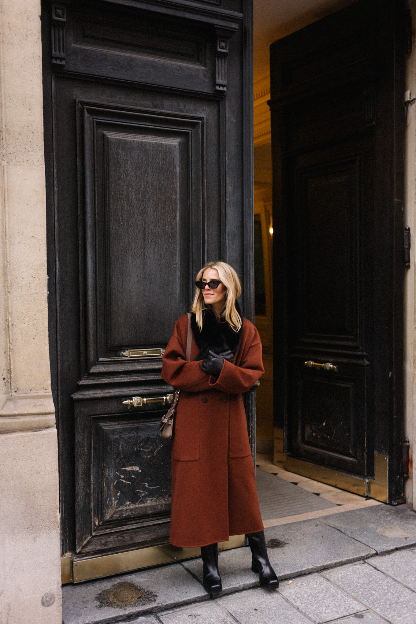 maroon winter coat silk dress black leather boots