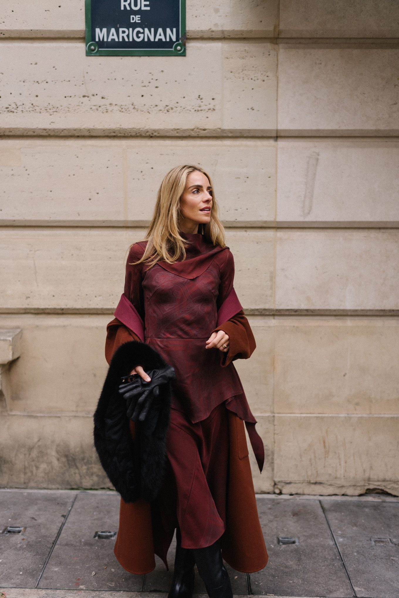 maroon winter coat silk dress black leather boots