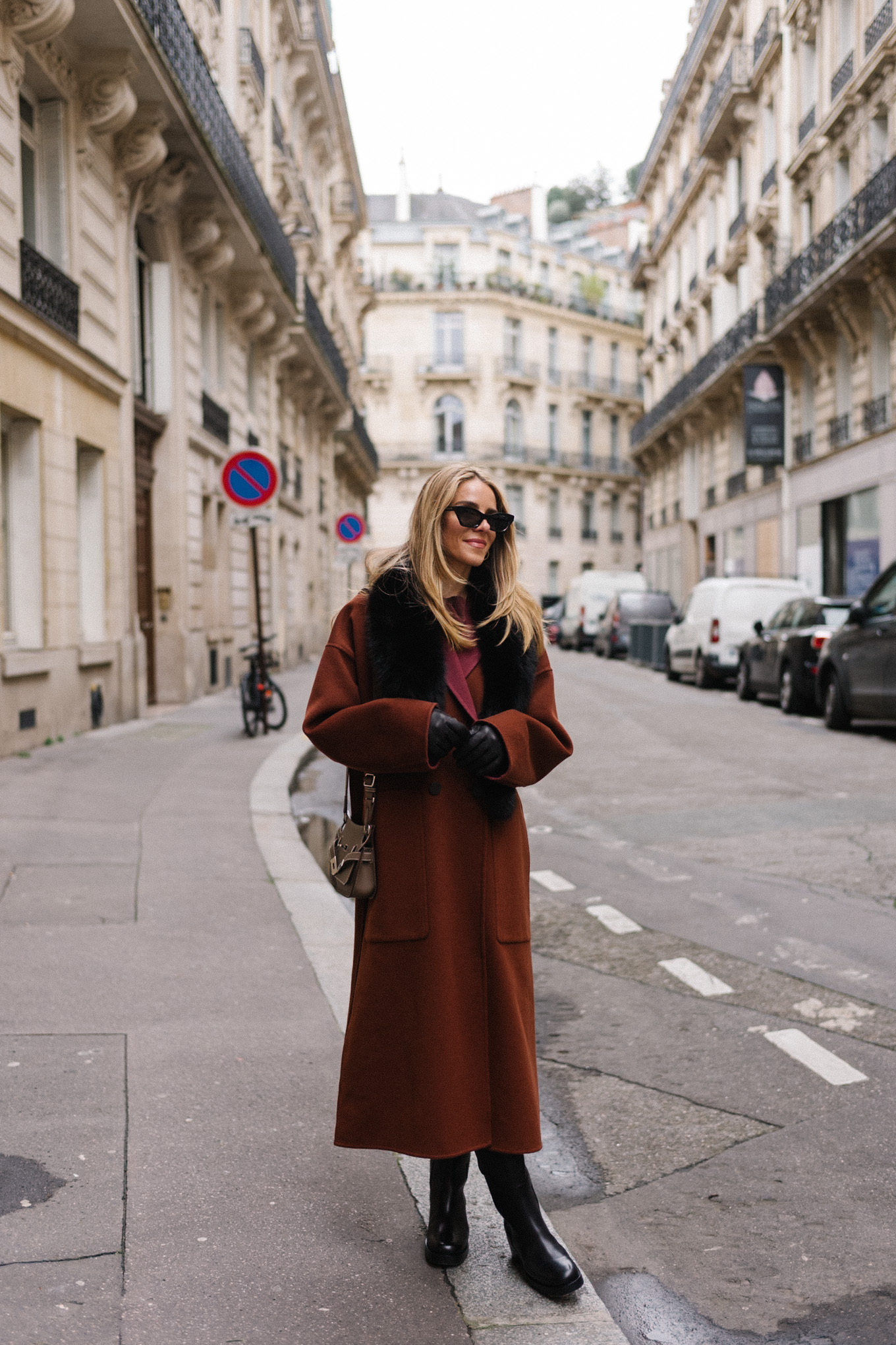 maroon winter coat silk dress black leather boots