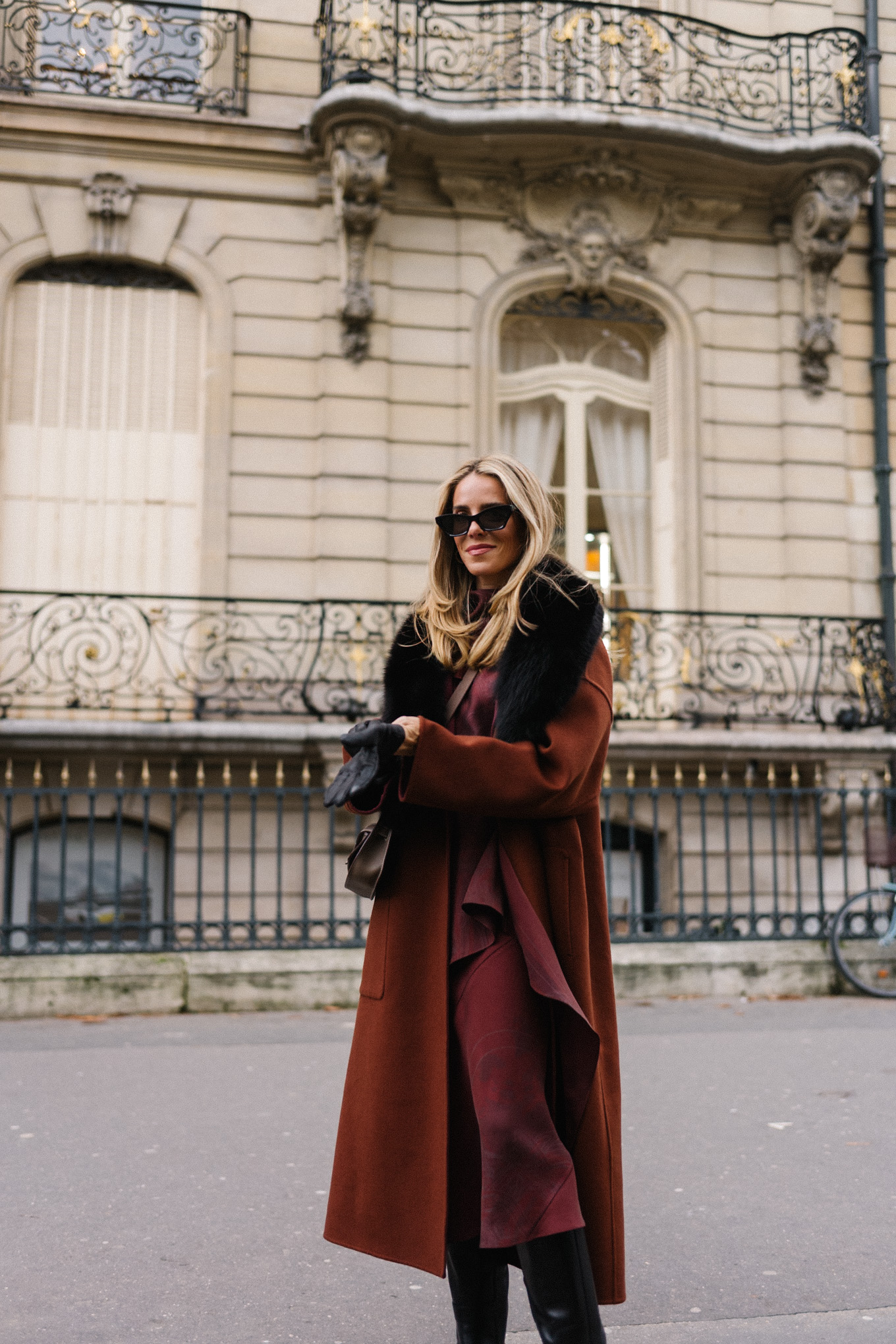 maroon winter coat silk dress black leather boots