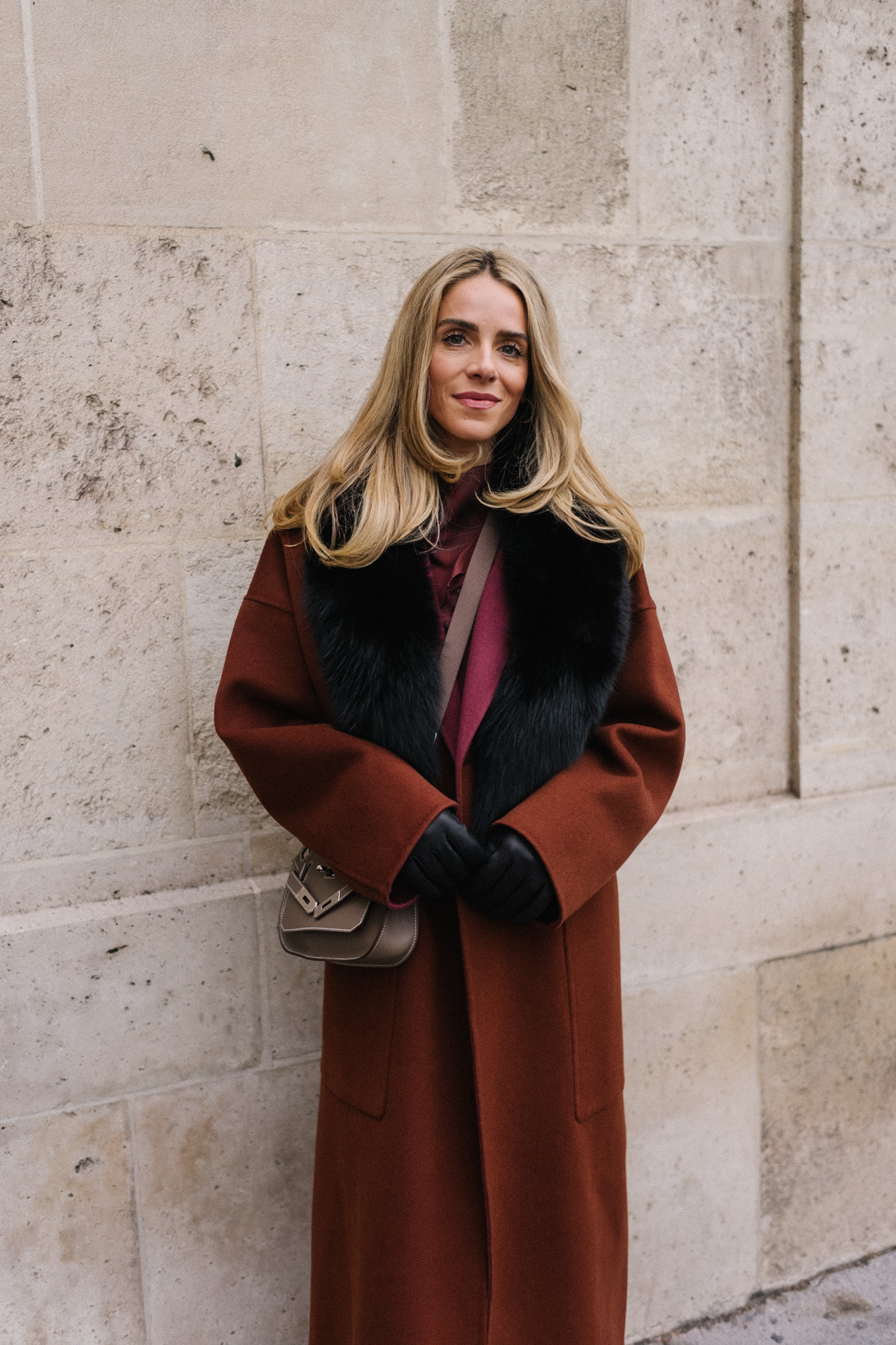 maroon winter coat silk dress black leather boots