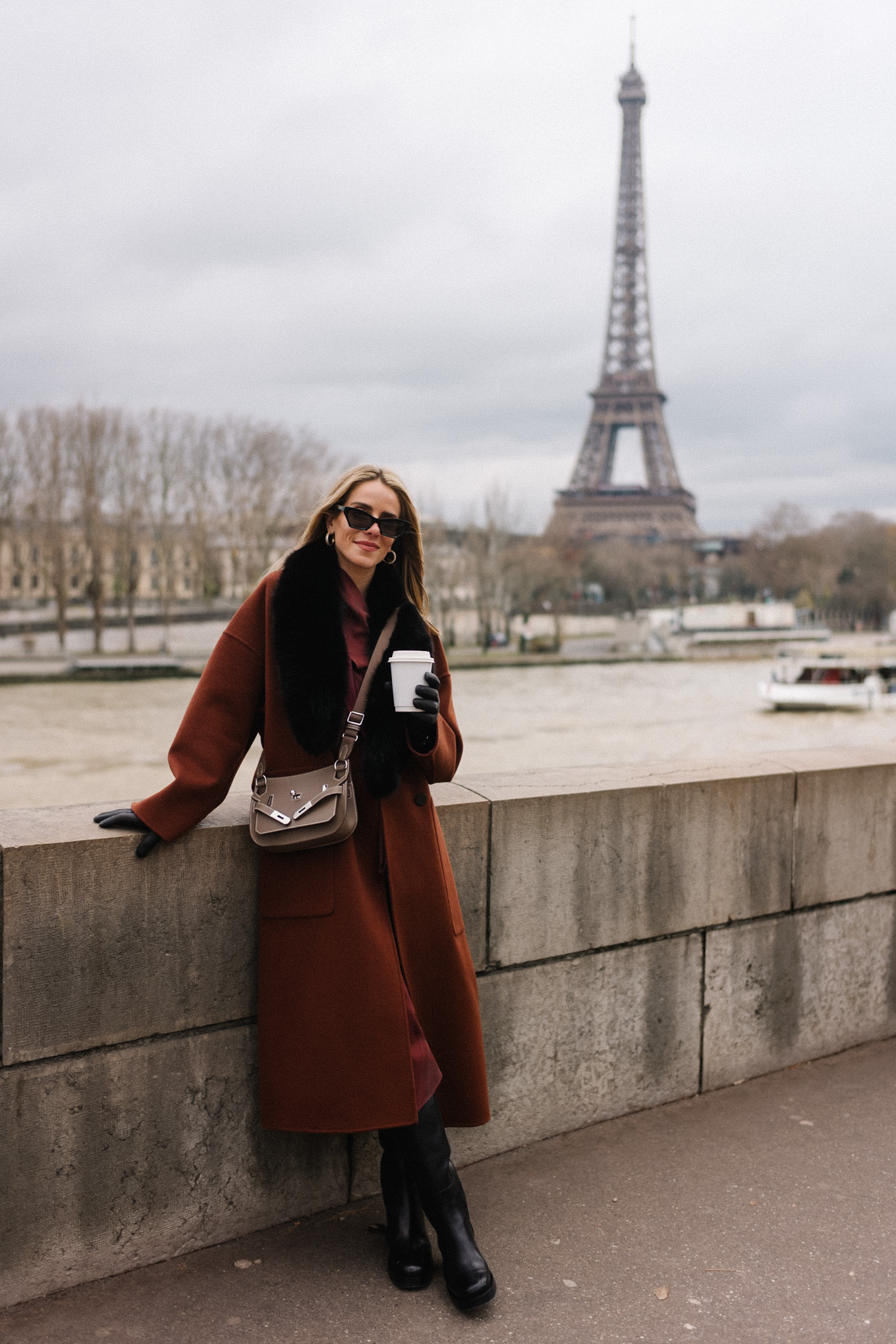 maroon winter coat silk dress black leather boots