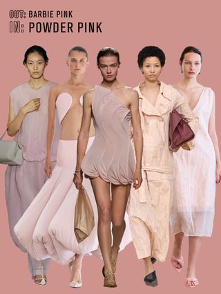 Collage of models wearing powder pink on the spring/summer 2025 runways.