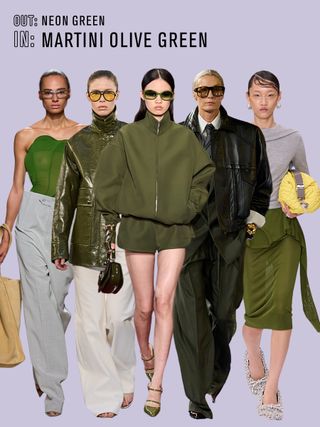 Collage of models wearing martini olive green on the spring/summer 2025 runways.