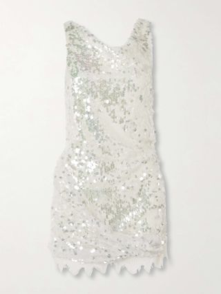 Cotton-Blend Lace-Trimmed Sequined Mesh Mini Dress