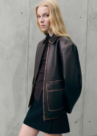 Leather-Effect Jacket With Contrast Stitching - Women | Mango Usa