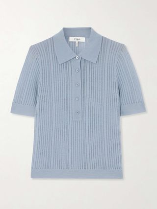 Ribbed Open-Knit Wool Polo Shirt