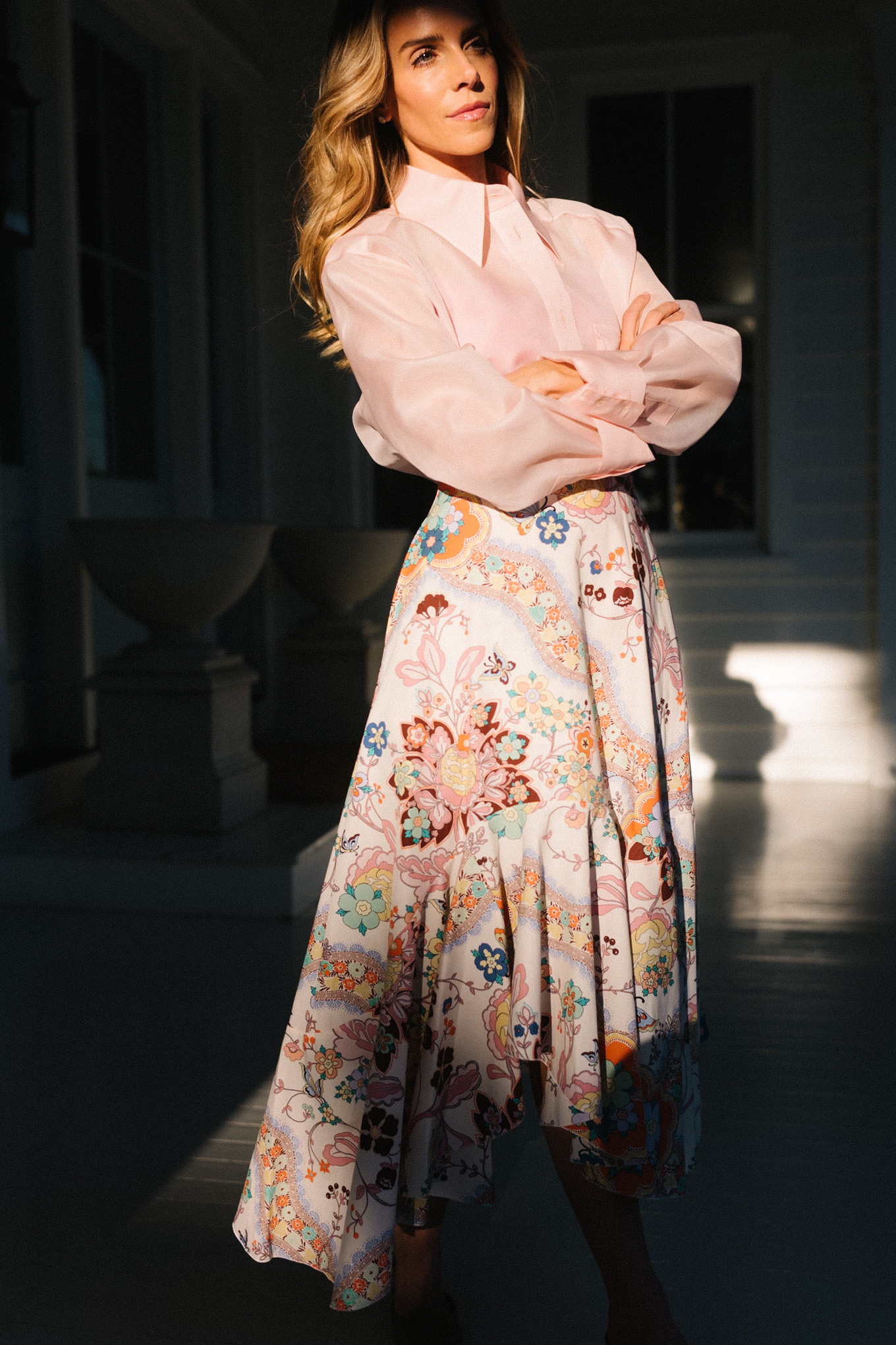 pink sheer collared shirt floral midi skirt