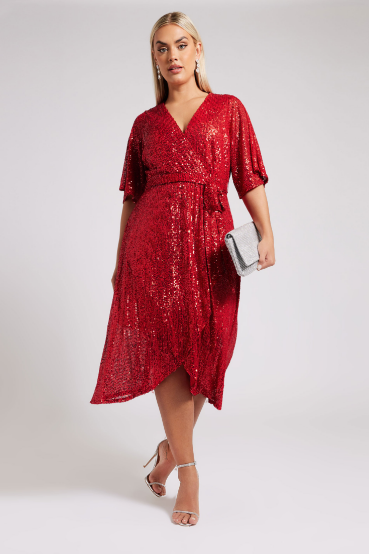 YOURS LONDON Curve Red Sequin Wrap Dress