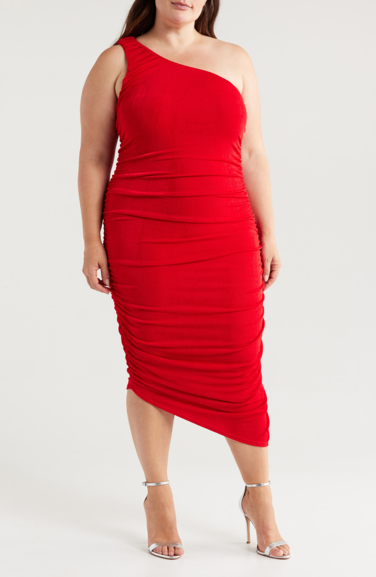 One Shoulder Asymmetric Body Con Midi Dress