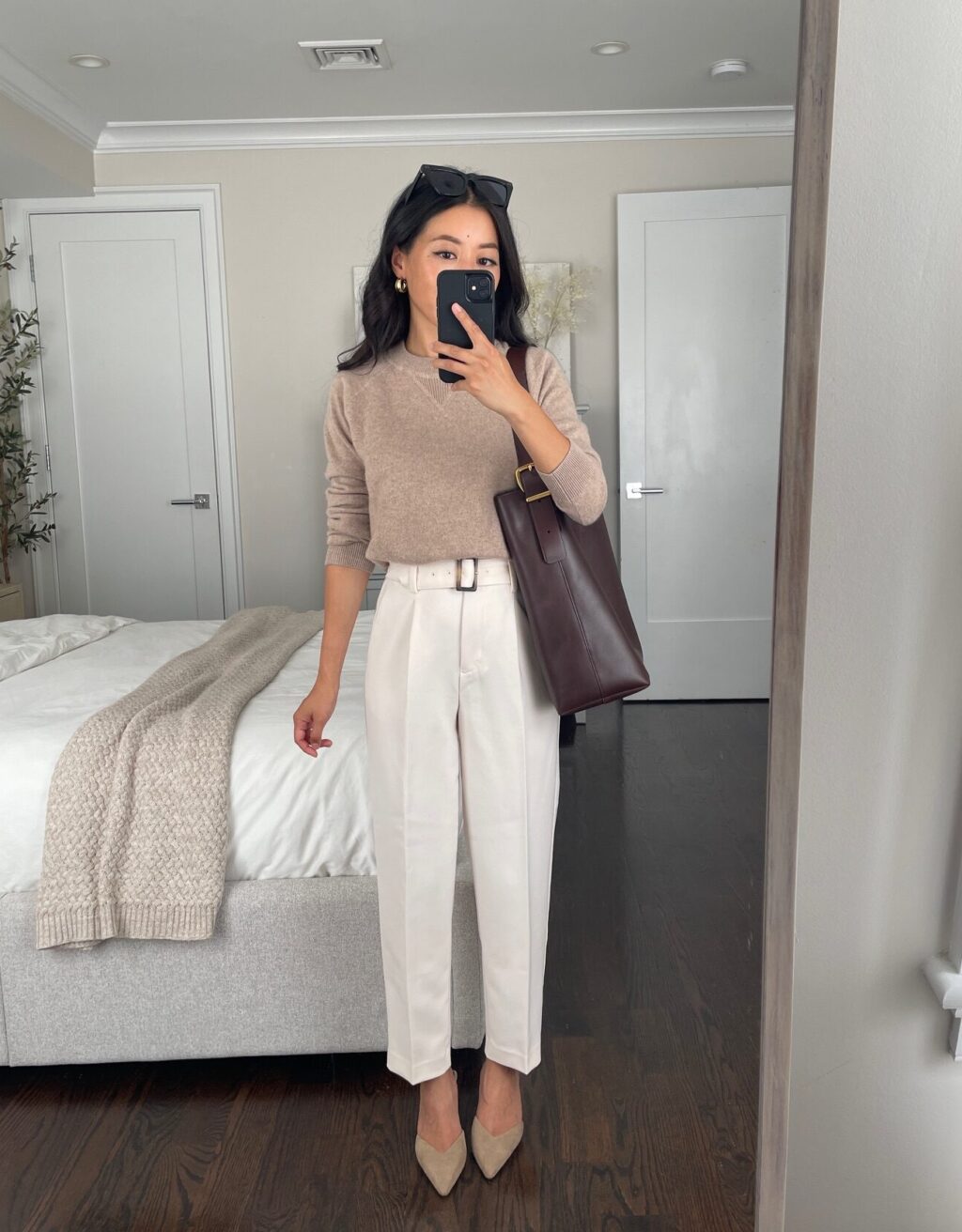 Quince sweatshirt Ann Taylor pants Madewell tote H&M slingbacks