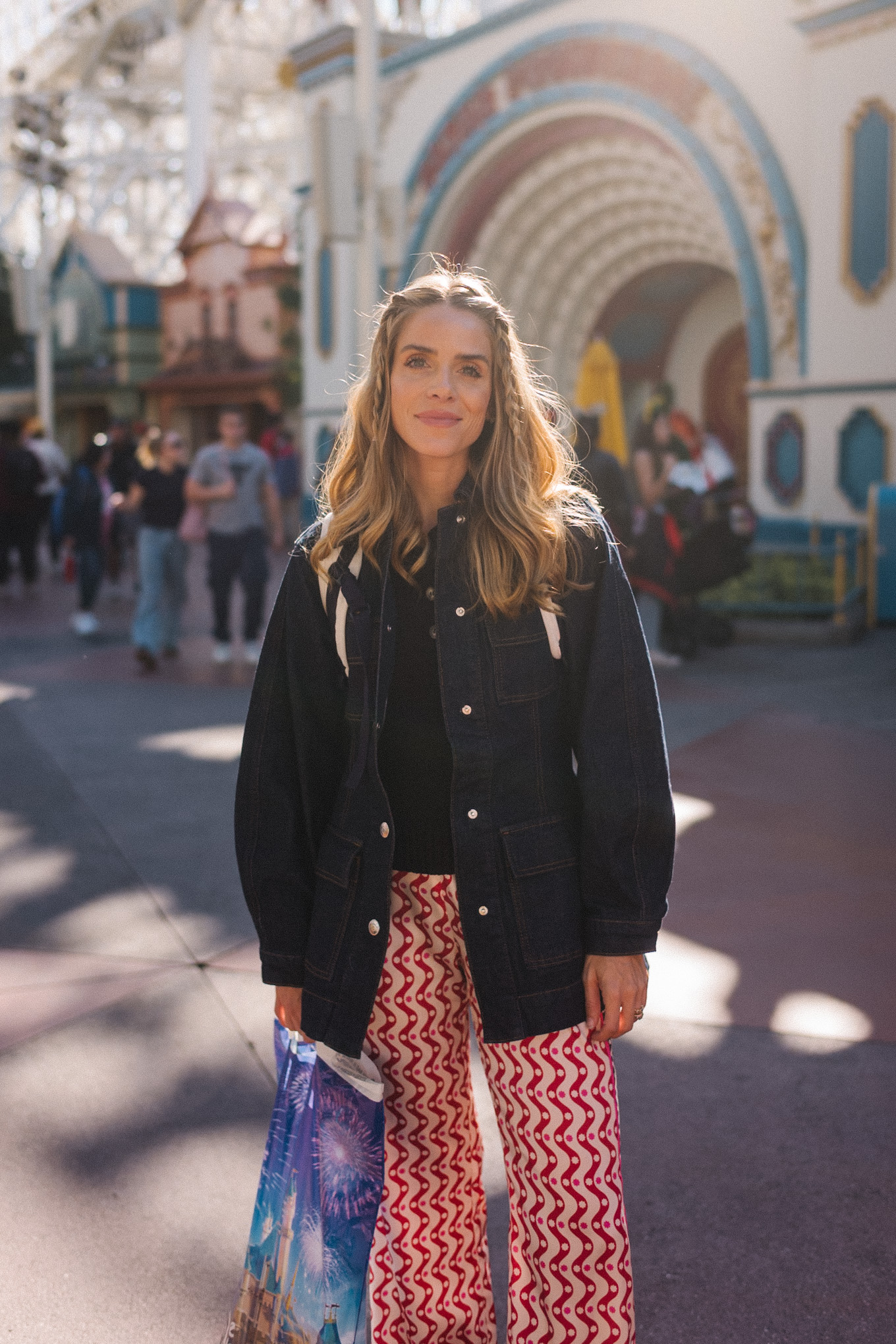 denim jacket red flare pants