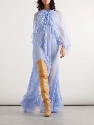 Cape-Effect Open-Back Ruffled Silk-Crepon Gown