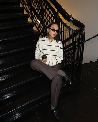 Classic Pieces 2025: @ingridedvinsen wears a striped long-sleeve polo shirt with brown trousers