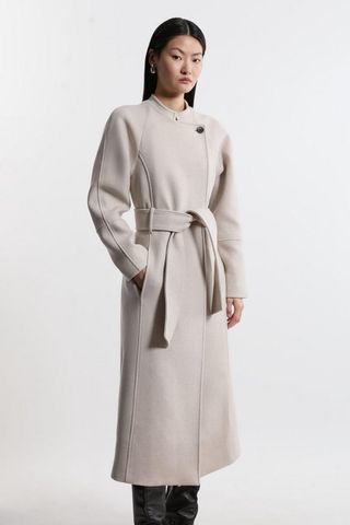 Premium Italian Manteco Wool Collarless Belted Tailored Maxi Coat