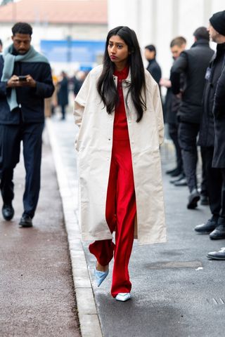 Street style red trousers