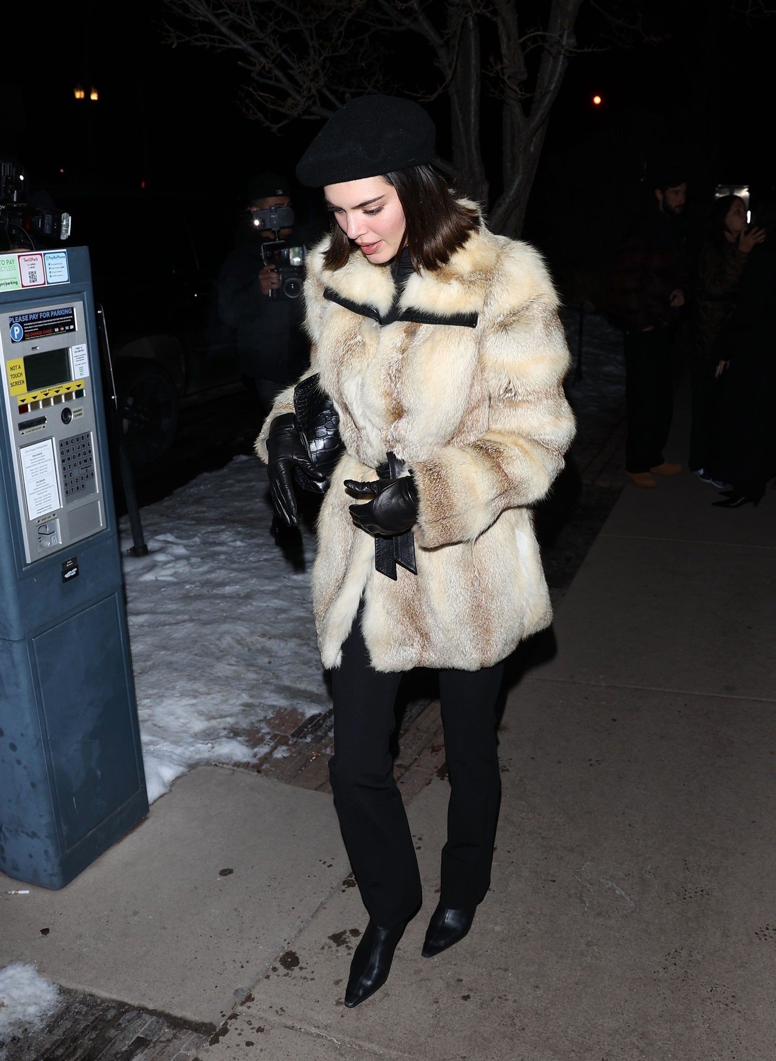 Aspen CA  EXCLUSIVE  Kendall Jenner kept herself warm in a Faux Coat and gloves while leaving dinner at Matsuhisa...