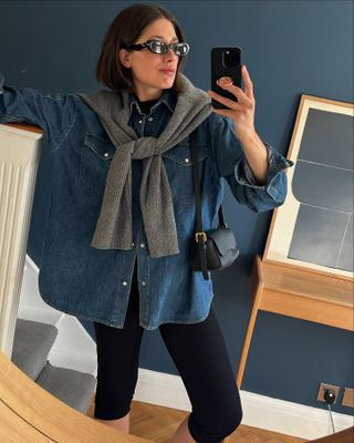 Leggings outfits 2025: @lucyalston_ wears a denim shirt with capri leggings