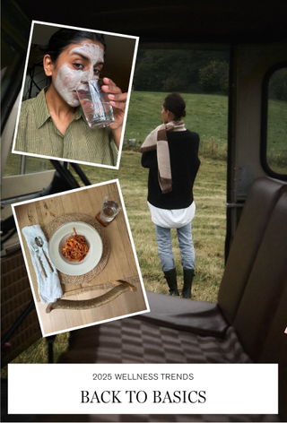 A women drinking water and a women walking in a field, with going back to basics being a key 2025 wellness trend