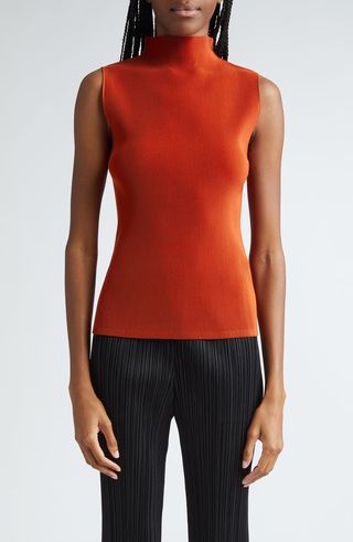 Pleated Funnel Neck Sleeveless Top