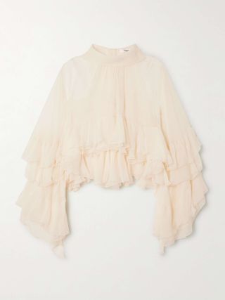 Ruffled Tiered Silk-Mousseline Turtleneck Blouse