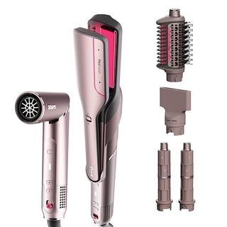 Shark Flexfusion Hair Straightener & Powerful Hair Dryer With Fusion Hair Brush, Ceramic Air Styler With Auto-Wrap Hair Curlers & Concentrator, Ceramic Plates, Cosmic Blush Hd641s