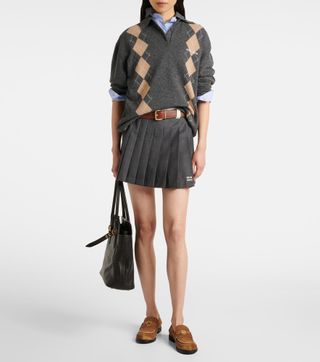 Pleated Wool Grisaille Miniskirt