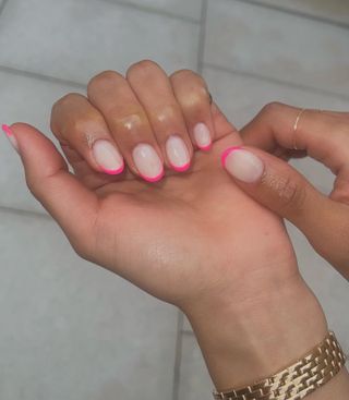 @harrietwestmoreland neon pink French tip nails