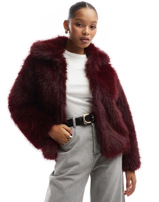 Cotton on Mimi Faux Fur Jacket in Burgundy