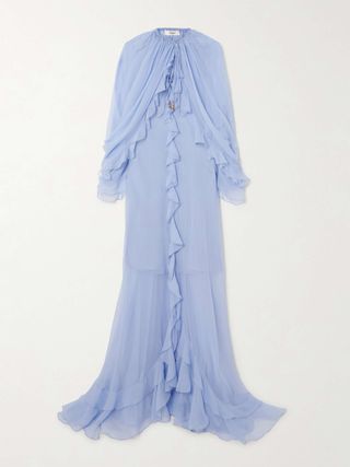 Cape-Effect Open-Back Ruffled Silk-Crepon Gown