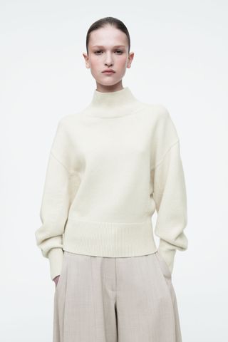 Funnel-Neck Waisted Wool Sweater